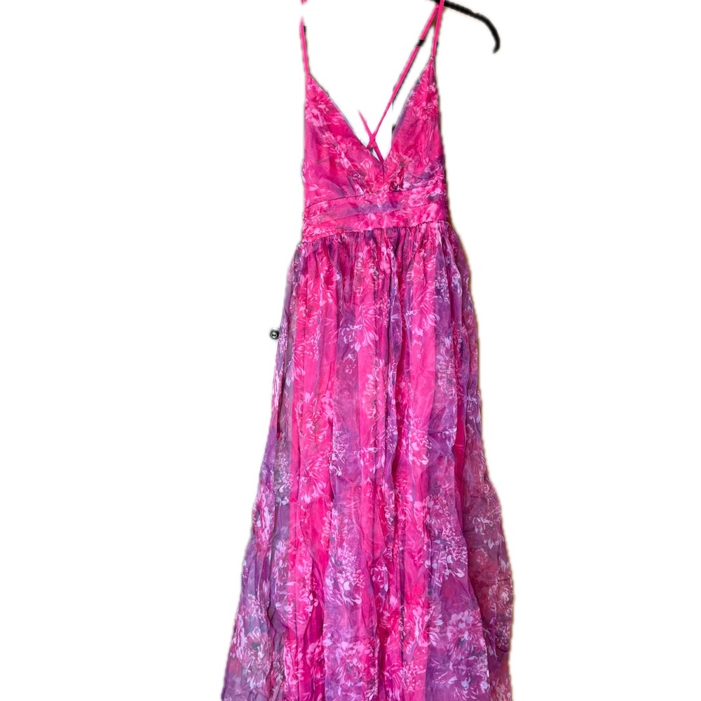 Magenta Floral Print Organza Maxi Dress
